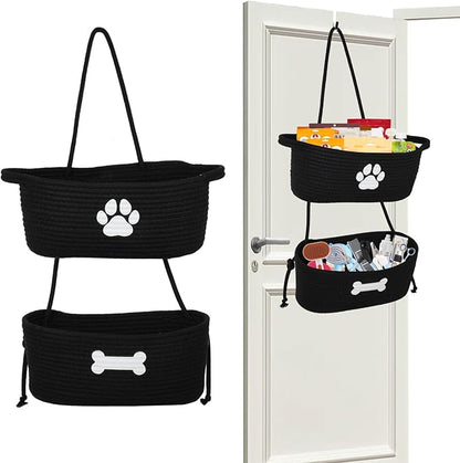 2-Tier Dog Baskets,Over Door Hanging Oganizer for Pet Stuff with Metal Hooks,Cotton Rope Wall-Mounted Storage Organizer for Dog Leash/Harness/Small Toys/Trash bag - Black