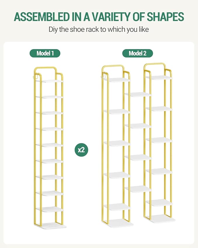 10 Tiers Vertical Shoe Rack, Narrow Shoe Tower, Tall Shoes Shelf with 2 Hooks, Adjustable Shelves, Corner Shoes Shelves for Small Spaces, Entryway, Living Room, White Gold SR11213A