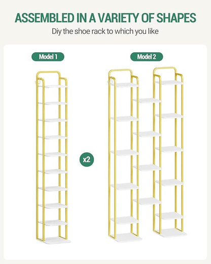 10 Tiers Vertical Shoe Rack, Narrow Shoe Tower, Tall Shoes Shelf with 2 Hooks, Adjustable Shelves, Corner Shoes Shelves for Small Spaces, Entryway, Living Room, White Gold SR11213A
