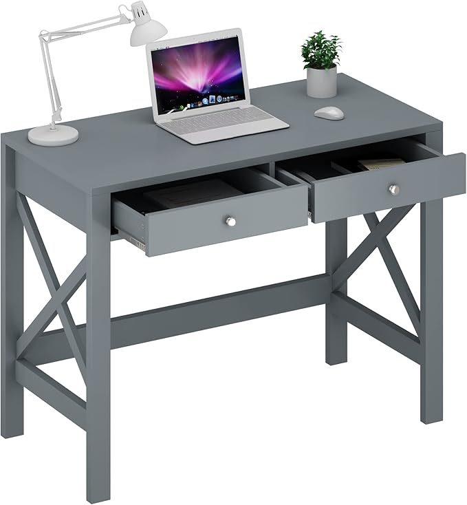 ChooChoo Computer Desk Study for Home Office, Modern Simple 40 Inches Desk with Drawers, Makeup Vanity Console Table, Grey