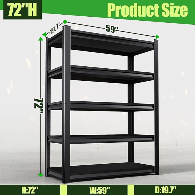 Garage Shelving,Heavy Duty Garage Storage Shelves,Metal Shelving Unit,5 Tier Adjustable Steel Utility Shelf,Use for Basement,Warehouse, Pantry Closet,Black (72" H*59" W*20" D)