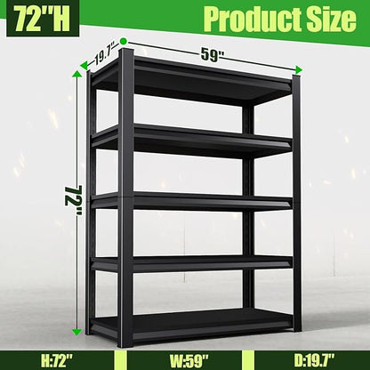 Garage Shelving,Heavy Duty Garage Storage Shelves,Metal Shelving Unit,5 Tier Adjustable Steel Utility Shelf,Use for Basement,Warehouse, Pantry Closet,Black (72" H*59" W*20" D)