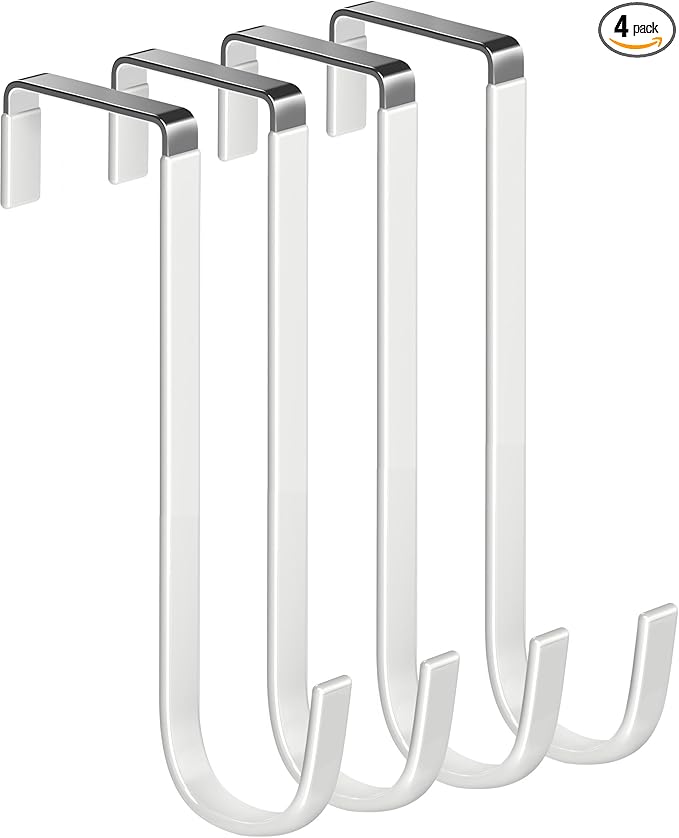 Over The Door Metal Hooks with Plastic Coating 7.5" Fit 0.5" to 1 3/4" Door 4 Pcs Heavy Duty Single Towel Robe Rack Wreath Bathroom Shower Hanger Shoe Organizer Ironing Board Long White