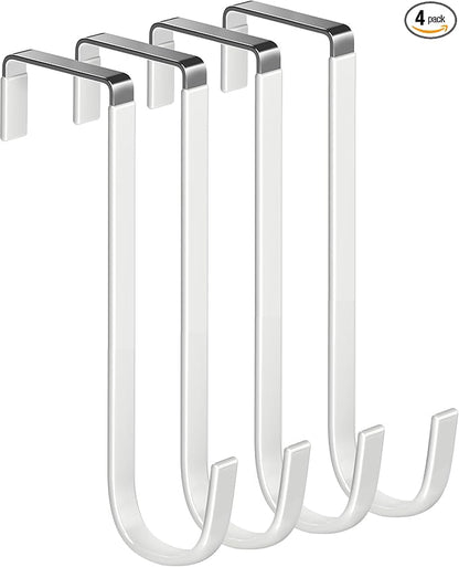 Over The Door Metal Hooks with Plastic Coating 7.5" Fit 0.5" to 1 3/4" Door 4 Pcs Heavy Duty Single Towel Robe Rack Wreath Bathroom Shower Hanger Shoe Organizer Ironing Board Long White