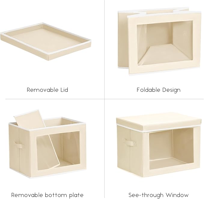 Storage Bins with Lids - Small Fabric Organizers with Window, Collapsible Storage Bins for Clothes, Decorative Closet Organizers for Towels, Tshirt, 3 Pack, Beige