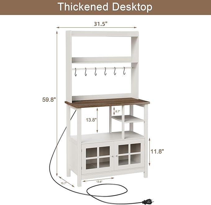 ChooChoo Farmhouse Bakers Rack with Power Outlets and Storage, Coffee Bar Cabinet with Storage, Microwave Stand Kitchen Cabinet with Hutch and 6 Hooks, Soft White & Brown