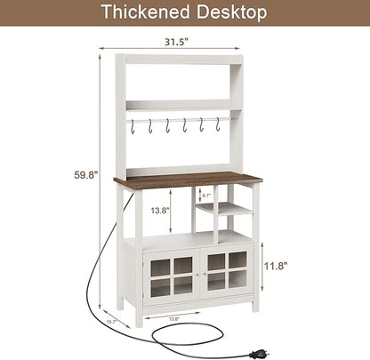 ChooChoo Farmhouse Bakers Rack with Power Outlets and Storage, Coffee Bar Cabinet with Storage, Microwave Stand Kitchen Cabinet with Hutch and 6 Hooks, Soft White & Brown