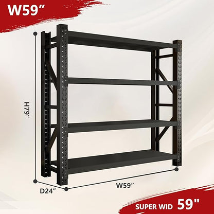 5000lbs Garage Shelving Heavy Duty, 4-Tier Metal Adjustable Garage Shelves, Storage Shelves for Warehouse, Pantry, Basement, 59" W X 24" D X 79" H (Black, 59x24x79)