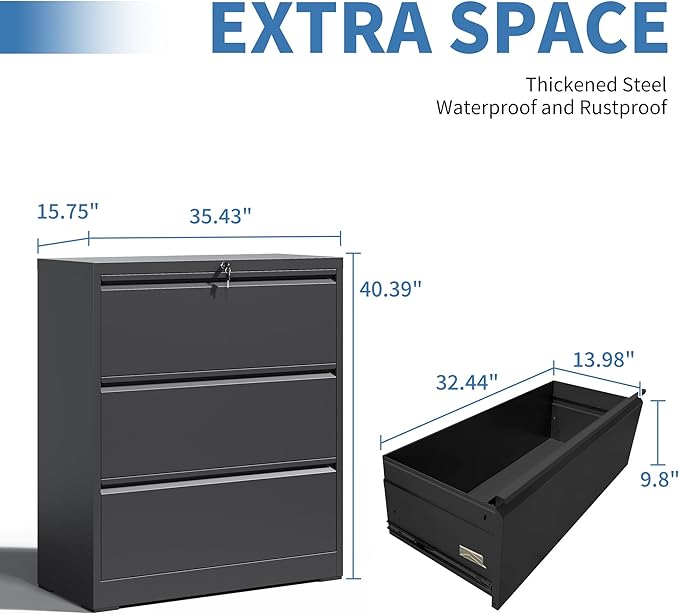 3 Drawer File Cabinet, Black Office Cabinets with Lock, Heavy Duty Metal Filing Cabinet for Home Office, Horizontal Lockable File Cabinet for Legal/Letter/A4 Size Files, Require Assembly