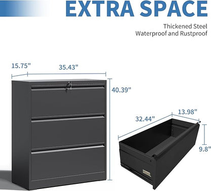 3 Drawer File Cabinet, Black Office Cabinets with Lock, Heavy Duty Metal Filing Cabinet for Home Office, Horizontal Lockable File Cabinet for Legal/Letter/A4 Size Files, Require Assembly