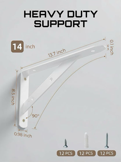 Shelf Brackets Heavy Duty, 4 Pack White 14 inch Floating Shelf Bracket, Max Load 300 lbs of Metal Triangle Decorative Shelf Support Brackets for Wall Mount