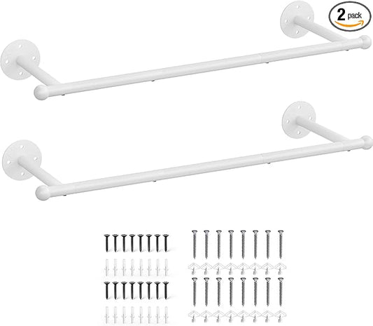 OROPY Industrial Pipe Clothing Rack Set of 2, Wall Mounted Clothes Rack, Closet Rods For Hanging Clothes, 33" Multi-purpose Hanging Rod for Laundry Room, Bedroom and Closet Storage, White