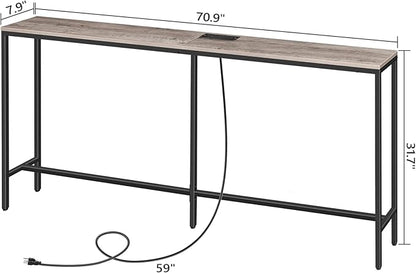 70.9'' Console Table with Power Outlet, Narrow Sofa Table, Industrial Entryway Table with USB Ports, Behind Couch for Entryway, Hallway, Foyer, Living Room, Greige CTHG18E01Z1
