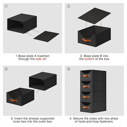 Stackable Storage Drawers - Collapsible Storage Bins with Drawers, 4 Pack Closet Shelf Organizer Basket, Fabric Pull Out Organizer for Bedroom, Living Room, Dorm, Black