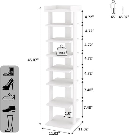 HOMEFORT 7-Tier Wood Shoe Rack, Entryway Shoe Tower,Vertical Shoe Organizer, Wooden Shoe Storage Stand, White