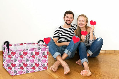 Essme Rectangular Valentine's Day Basket,Pink Heart Storage Bins Organizer with Handles for Girls Room Decor, Gift Basket,Shelf Basket.(Around Love)