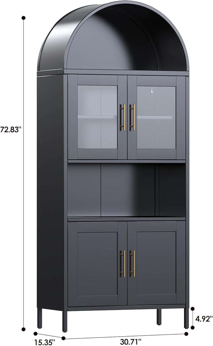 Metal Arched Pantry Cabinet,Black Arched Kitchen Pantry Cabinet with 4 Doors for Kitchen Home, Assemble Required,Black,72.83"×30.71" W×15.35" D