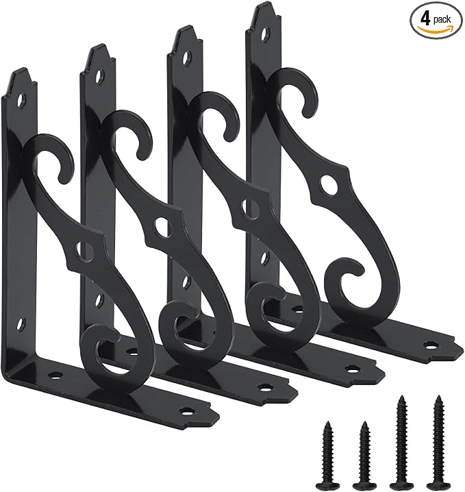 HOME MASTER HARDWARE Decorative Shelf Brackets 5x3-1/2 in Wall Mounted Floating Shelf Bracket L Heavy Duty Support Corner Brace Joint Right Angle Bracket for DIY Open Shelving with Screws Black 4 Pcs