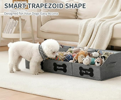 Qozary Large Dog Toy Basket with Diy Tag - Collapsible Dog Toy Bin, Fabric Personalized Pet Toy Box, Trapezoid Storage and Organizer for Pet Supplies