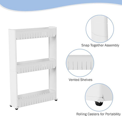 Lavish Home 3 Tier Shelf Rolling Cart - Narrow-Space Kitchen or Bathroom Shelf Organizer Cart - Slim Slide-Out Storage Shelves for Kitchen, Bathroom, Laundry and Pantry