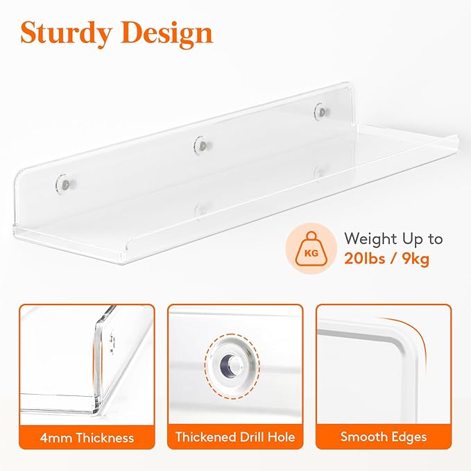 Lifewit Floating Shelves for Bathroom 15", Over-the-Toilet Storage Rack, Acrylic Wall Organizer for Book/Figures/Photo/Makeup, Display Shelf for Living Room Decor, Bedroom, Kitchen, Clear, 6 Pack