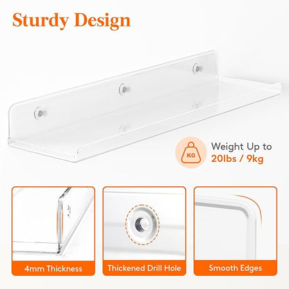 Lifewit Floating Shelves for Bathroom 15", Over-the-Toilet Storage Rack, Acrylic Wall Organizer for Book/Figures/Photo/Makeup, Display Shelf for Living Room Decor, Bedroom, Kitchen, Clear, 6 Pack