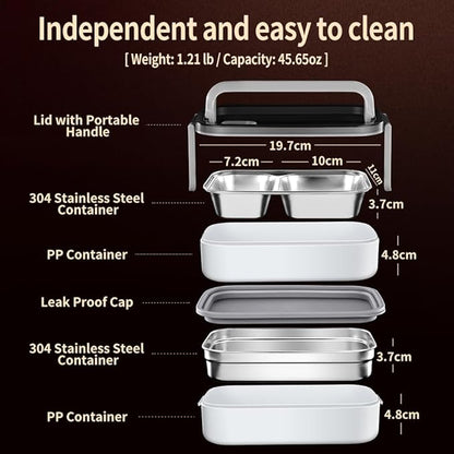 Stainless Steel Lunch Box - Bento Box Multifunctional Containers with Insulation Bag, 3 Compartments-Layered Design for Work Picnic Travel, 1.35L Capacity, with Fork and Spoon