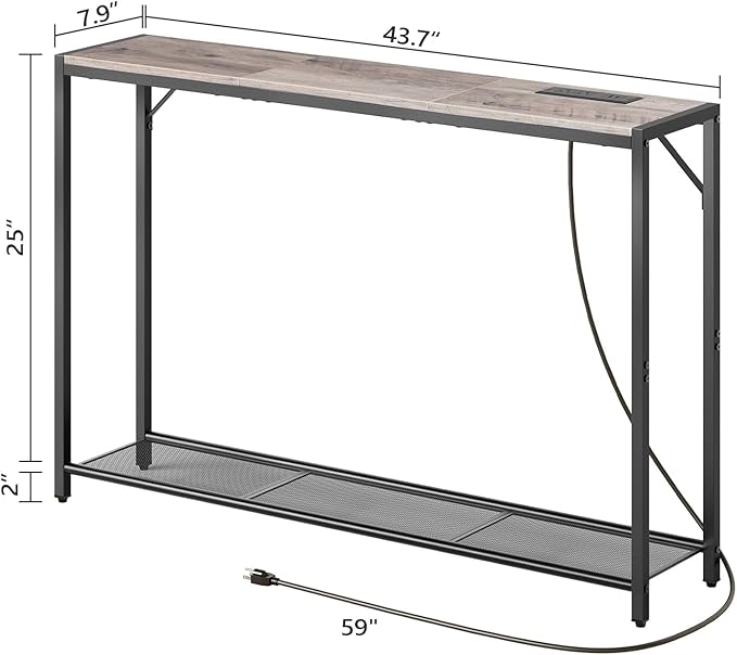 Sofa Table with Power Outlet, 43.7" Console Table with USB Ports, Behind Couch Table, Entryway Table for Living Room, Entryway, Foyer, Metal Frame, Adjustable Feet, Greige CTHG11E01Z1N1