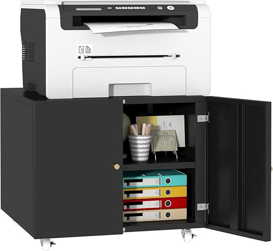 Printer Stand with Storage Cabinet with Wheels,3D Heavy Duty Metal Large Printer Table with Adjustable Shelf for Home Office, Mobile Printer Cart,Black,17.7" H