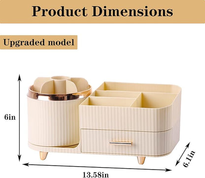 Rotating Makeup Organizer for Vanity with Brush Holder and Drawer, Cosmetic Makeup Storage, Large Spinning Makeup Skincare Organizer, Countertop Makeup Perfume Organizer, Lotions Display Case (Ivory)