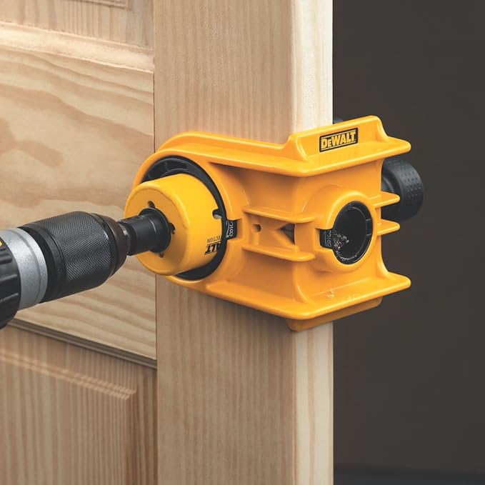 DEWALT Door Lock Installation Kit, C Clamp Design Hole Saw Kit For Metal or Wood Doors, 2 Adjustable Bushings, Easy Installation, Height Alignment (D180004)