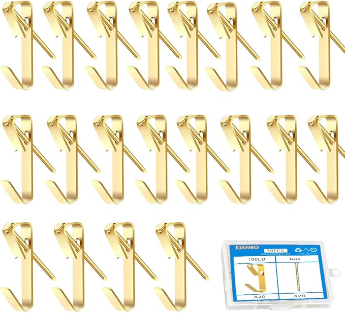 40pcs Picture Hanging Kit,100 lb Picture Hangers,Heavy Duty Picture Hangers,Picture Frame Hooks with Nails,Hanging Nails for Wall Art for Wooden Wall Or Drywall (20Hangers+20Nails)
