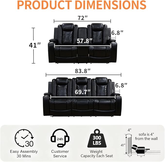 Living Room Furniture Sets, Power Reclining Sofa and Lovseat Set with Reading Light, Leather Recliner Couch Sets, Power Recliner Sofa with LED Storage Console/Cup Holder for Home/Apt/Office