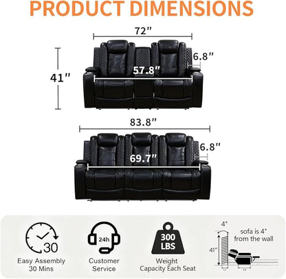 Living Room Furniture Sets, Power Reclining Sofa and Lovseat Set with Reading Light, Leather Recliner Couch Sets, Power Recliner Sofa with LED Storage Console/Cup Holder for Home/Apt/Office