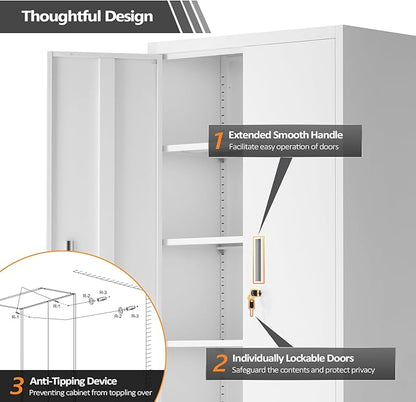 VINGLI Rolling Metal Storage Cabinet with Adjustable Shelves, 71'' Tall Garage Storage Cabinet with Wheels, Locking Tool Cabinets for Home Office Garage Gym School (White)