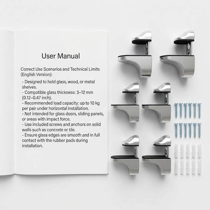 QWORK Adjustable Glass Shelf Bracket 16 Pack – Metal Wall Mount Clamp with Rubber Pads for Bathroom, Kitchen & Living Room