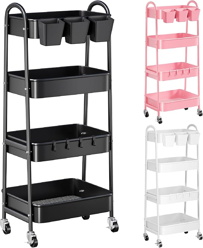 Black 4 Tier Rolling Cart Metal with Lockable Wheels, Four Tiered Tall Storage Rolling Cart on Wheels, Heavy Duty Utility Organizer Carts for Laundry, Kitchen, Dorm, Craft, Art, Snack,Mesh Basket,38in