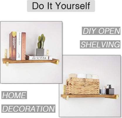 OVOV 6 Pack Heavy Duty Shelf Brackets Wall Mounted Industrial Farmhouse Floating Shelf Brackets with Lip (Gold 12")