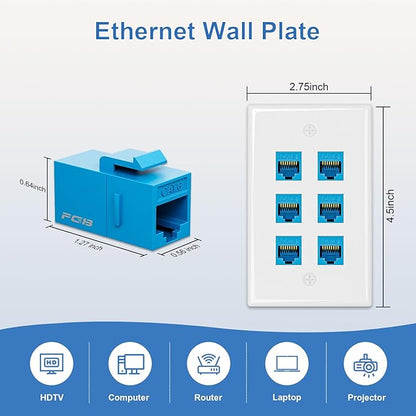 FGB 10Gbps Ethernet Wall Plate, 6 Port CAT6 Wall Plate and Jack, RJ45 Ethernet Wall Outlet with Single Gang Low Voltage Mounting Bracket