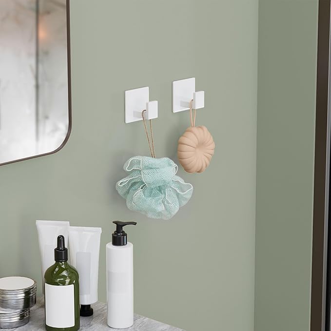 Adhesive Shower Hooks, Towel Hooks for Hanging Robe, Coat, Hat, Loofah, Heavy Duty Wall Hooks Stick on Bathroom, Kitchen and Office (2 Pack, White)