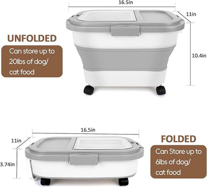 ShineMe 20Lbs Collapsible Pet Food Storage Container with Airtight Lid, Dog Food Storage Container with Measuring Scoop and Cup, Wheels & Handle for Easy Moving, Keep Dry Food Fresh (Grey)