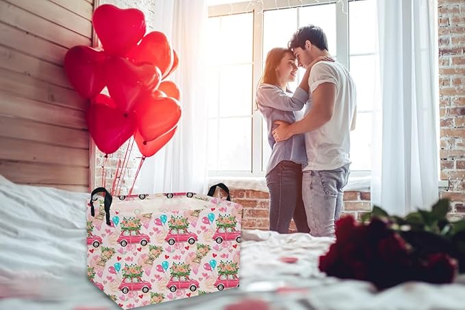 Rectangular Valentine's Day Baskets,Heart Basket,Pink Girls Basket Kids Storage Bin Love Room Decor for Home.(Flower car)