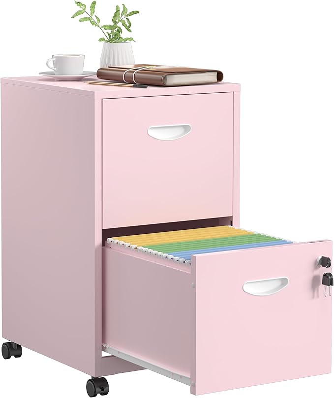 2 Drawer File Cabinet with Lock，Pink Rolling File Cabinet for Home Office, Metal Small Mobile Filing Cabinets on Wheels for Hanging Letter