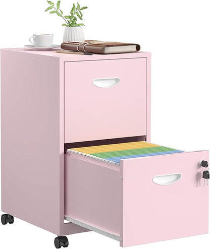 2 Drawer File Cabinet with Lock，Pink Rolling File Cabinet for Home Office, Metal Small Mobile Filing Cabinets on Wheels for Hanging Letter
