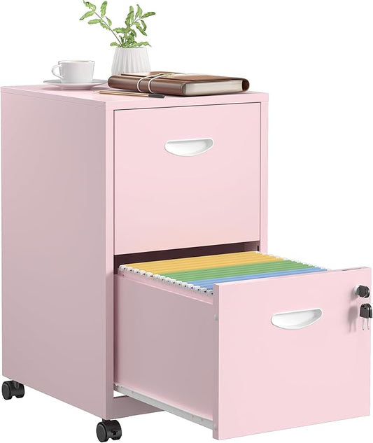 2 Drawer File Cabinet with Lock，Pink Rolling File Cabinet for Home Office, Metal Small Mobile Filing Cabinets on Wheels for Hanging Letter