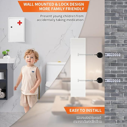 Steel Wall-Mount Lockable Medical Cabinet, 2-Tier Medical Box with Key, Metal Storage Box, Medicine Organizer Secure Large Capacity, First Aid Cabinet for Bathroom School 12.59×8.46×3.14"