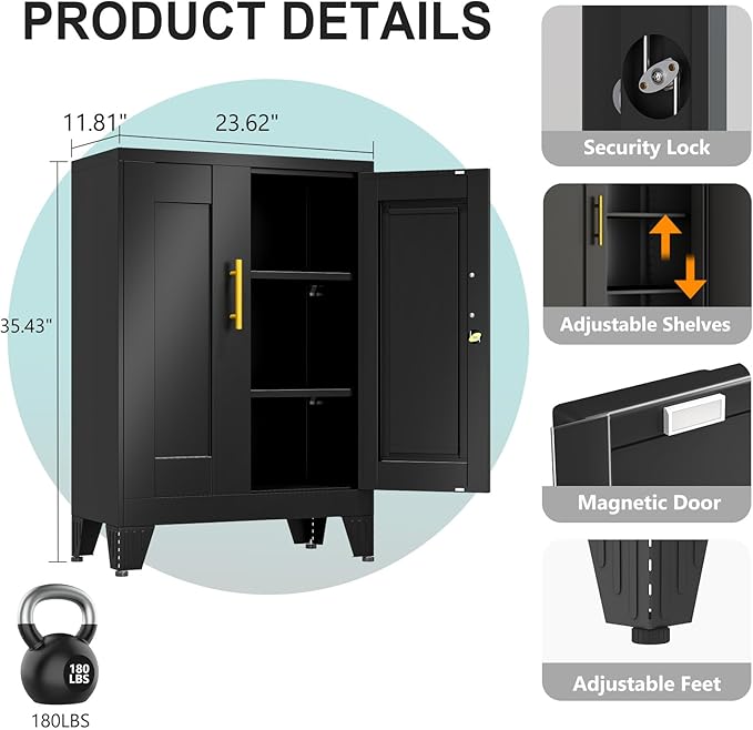 35.43" Lockable Metal Storage Cabinet, Steel Locker File Cabinet with 2 Doors ＆ 2 Adjustable Shelves, Multi-Purpose Organizer for Home, Office File Storage & Garage Locker (Black)