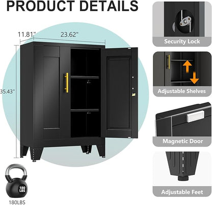 35.43" Lockable Metal Storage Cabinet, Steel Locker File Cabinet with 2 Doors ＆ 2 Adjustable Shelves, Multi-Purpose Organizer for Home, Office File Storage & Garage Locker (Black)