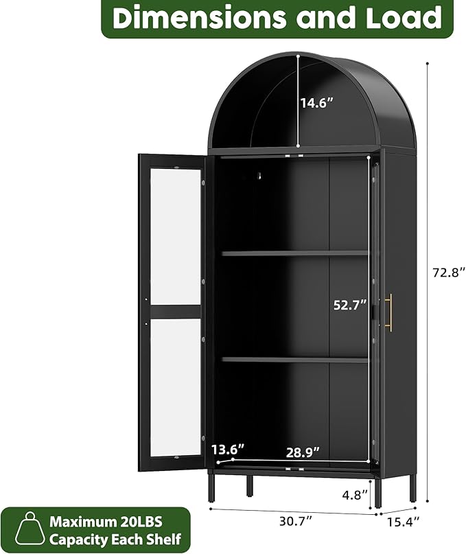 Metal Arched Display Cabinet with Glass Doors,Arch Cabinet with 3 LED Strip and 2 Adjustable Shelves for Home Office,Assembly Required, Black
