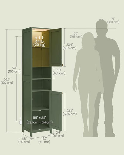 VASAGLE Tall Bathroom Cabinet with Lights, Slim Freestanding Bathroom Storage Cabinet with Adjustable Shelves, for Small Spaces, Modern, 15.7 Inches Wide, Forest Green UBBC766C01